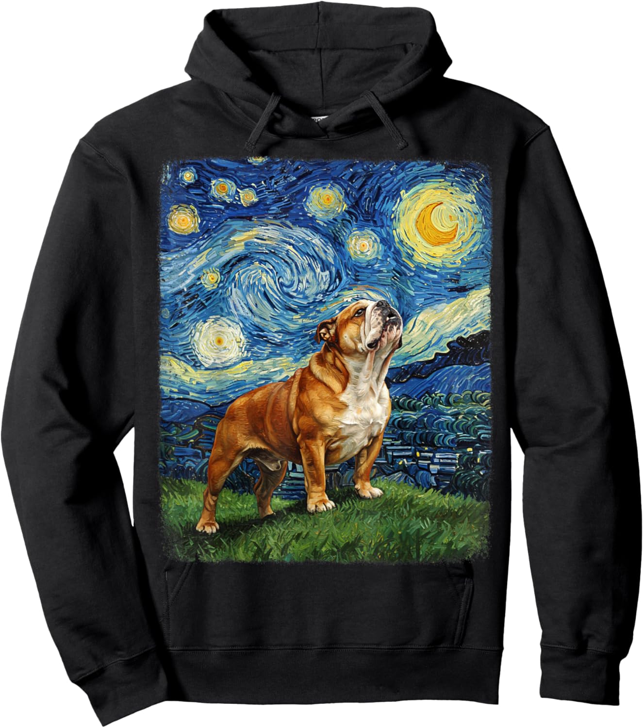 Bulldog Howling At Moon Starry Night Van Gogh Funny Hoodie - Hoodie | Black