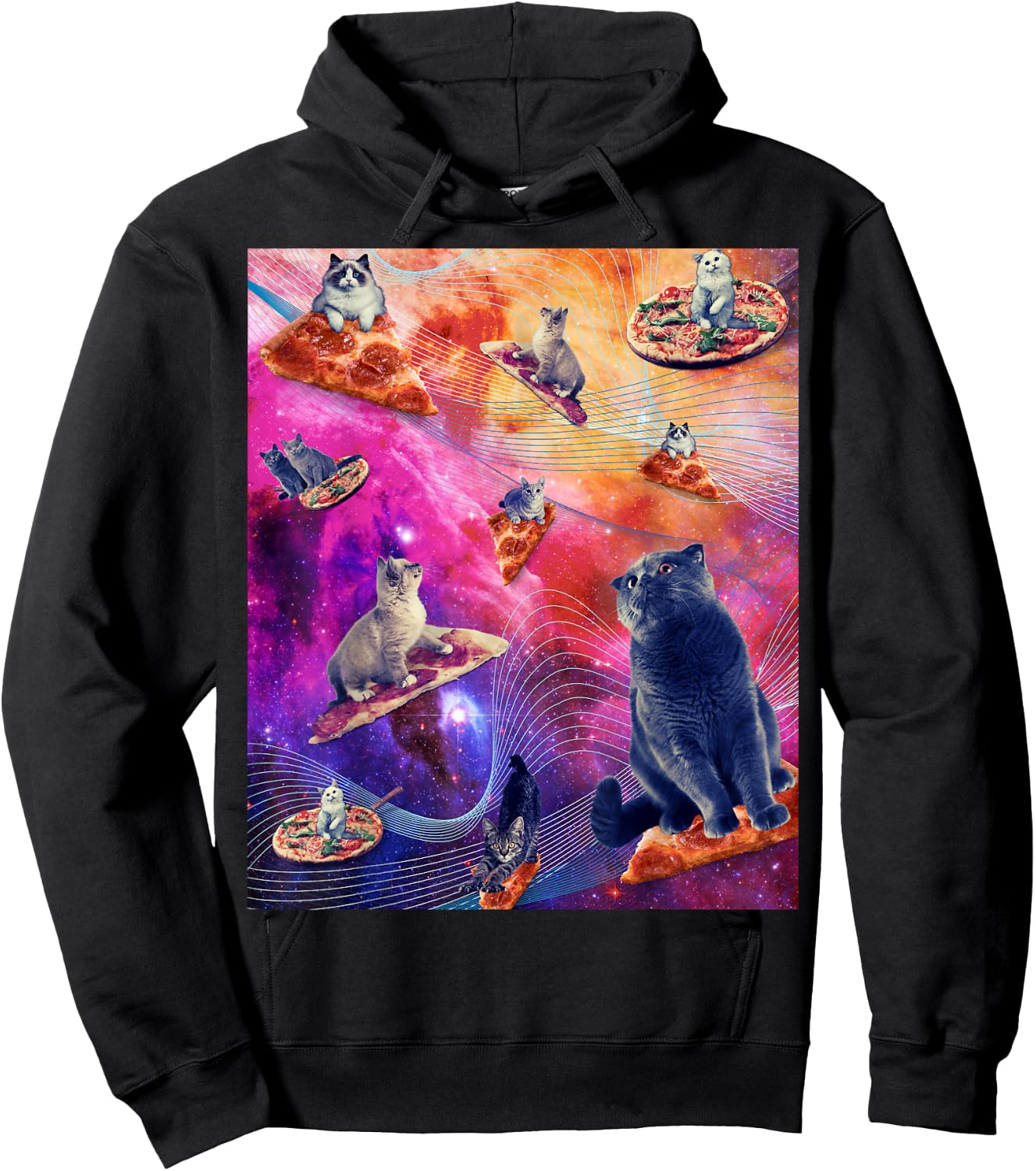 Galaxy Space Pizza Cat - Cat In Space Eating Pizza Men Women Hoodie - Hoodie | Black