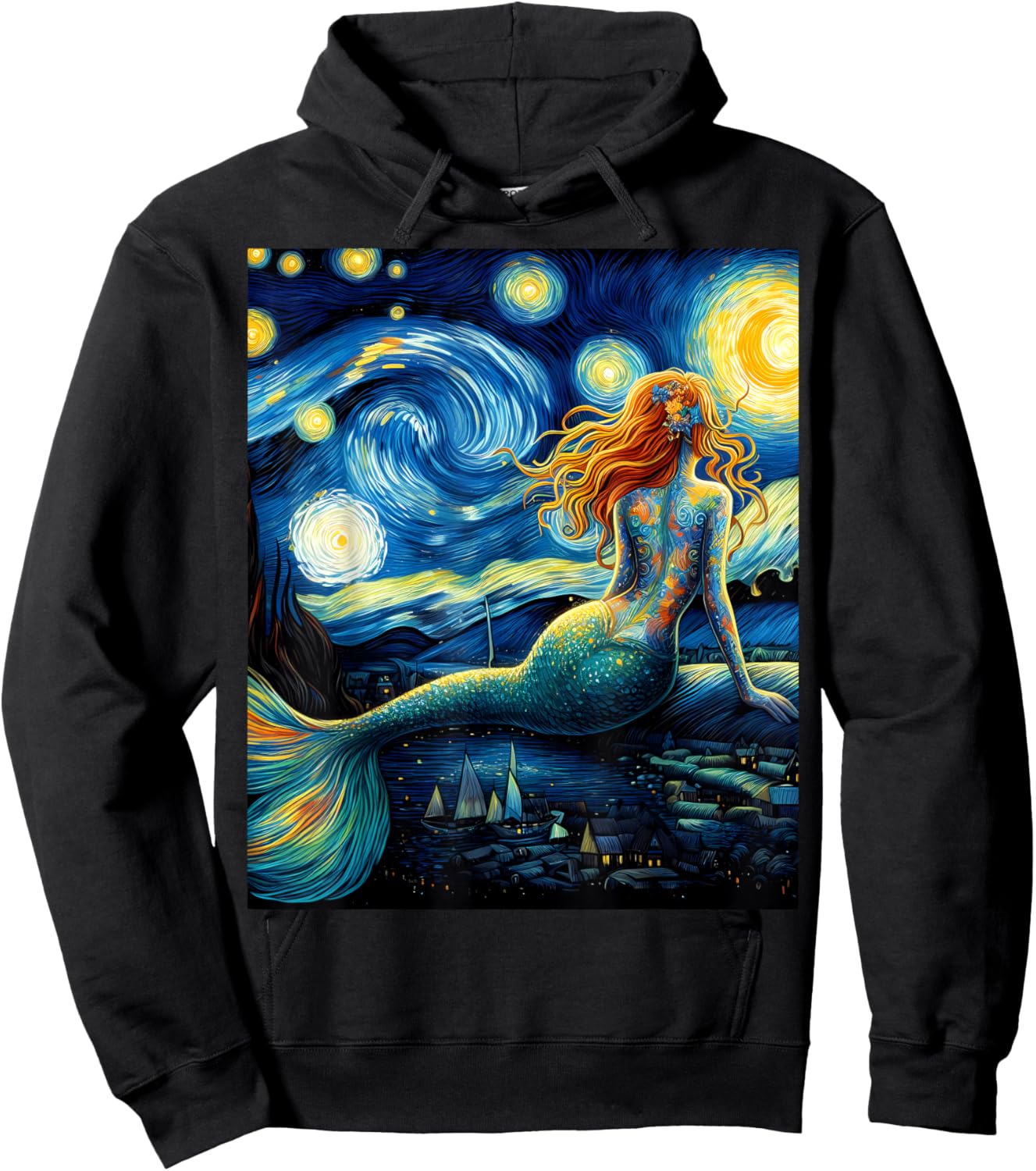 Mermaid Under Starry Night Sky Art Graphic Christmas Hoodie - Hoodie | Black