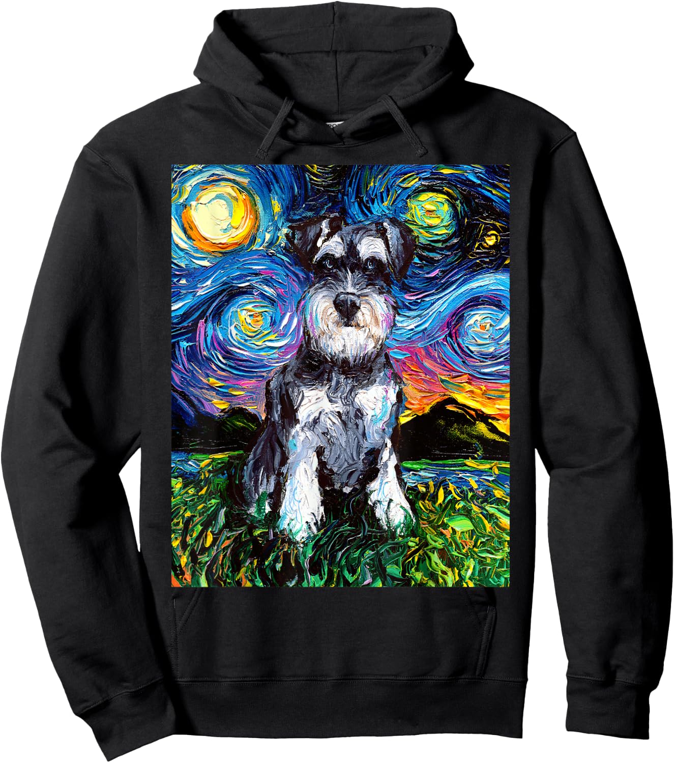Schnauzer Starry Night Impressionist Dog Art by Aja Hoodie - Hoodie | Black
