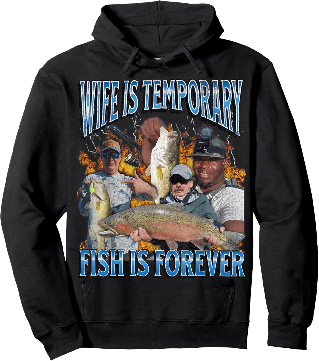 Wife Is Temporary Fish Is Forever Funny Fishing Meme Bootleg Hoodie - Hoodie | Black