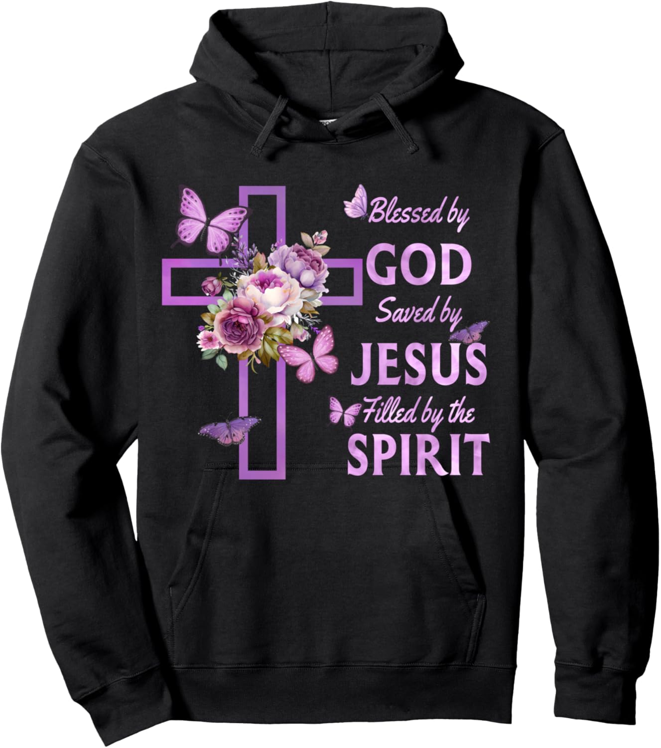 Blessed by God Saved by Jesus Purple Floral Cross Christian Hoodie - Hoodie | Black