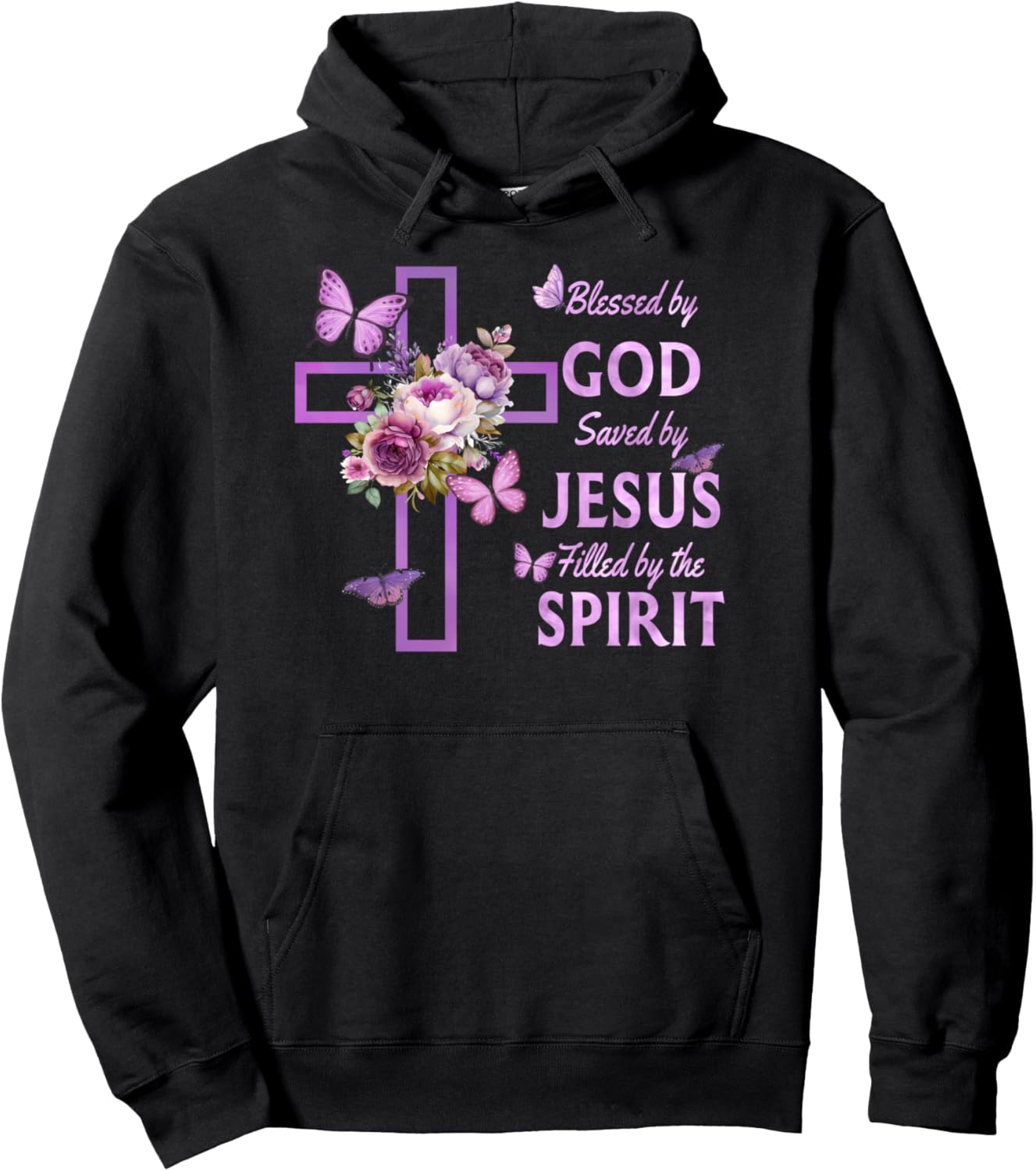 Blessed by God Saved by Jesus Purple Floral Cross Christian Hoodie - Hoodie | Black