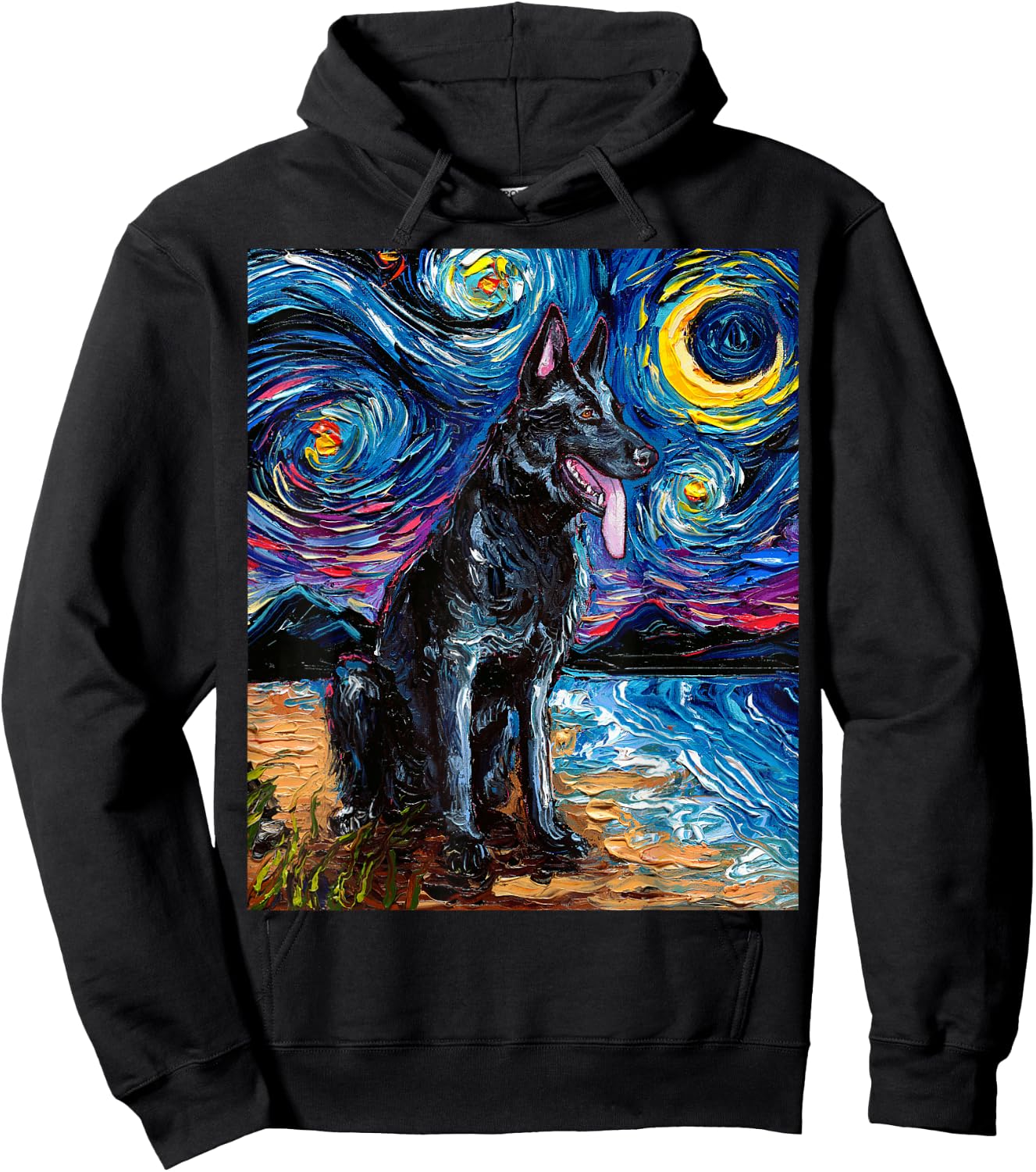 Black German Shepherd Starry Night Dog and Moon GSD Artwork Hoodie - Hoodie | Black