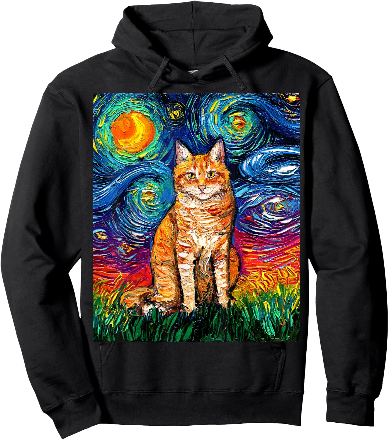 Orange Tabby Tiger Cat Starry Night Colorful Kitty Artwork Hoodie - Hoodie | Black