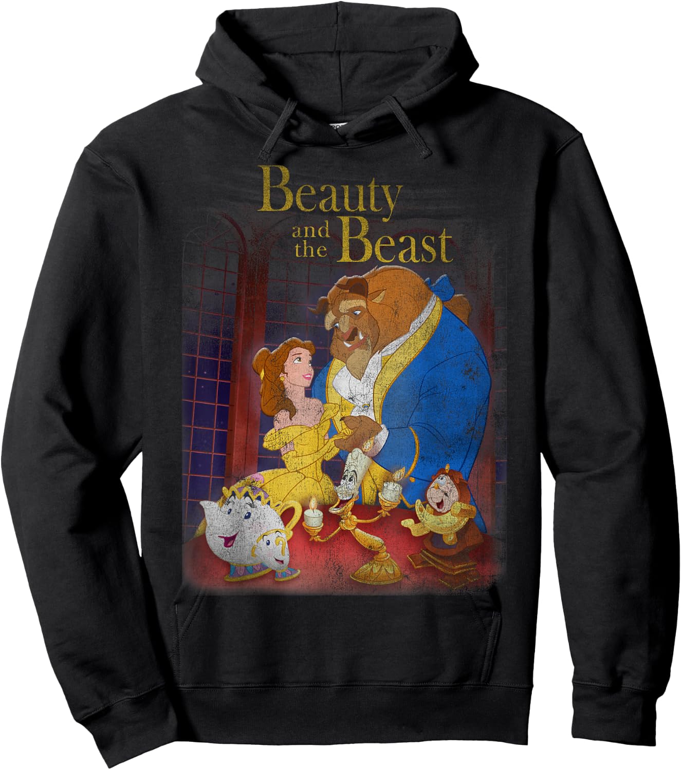 Disney Beauty and The Beast Distressed Vintage Group Shot Hoodie - Hoodie | Black