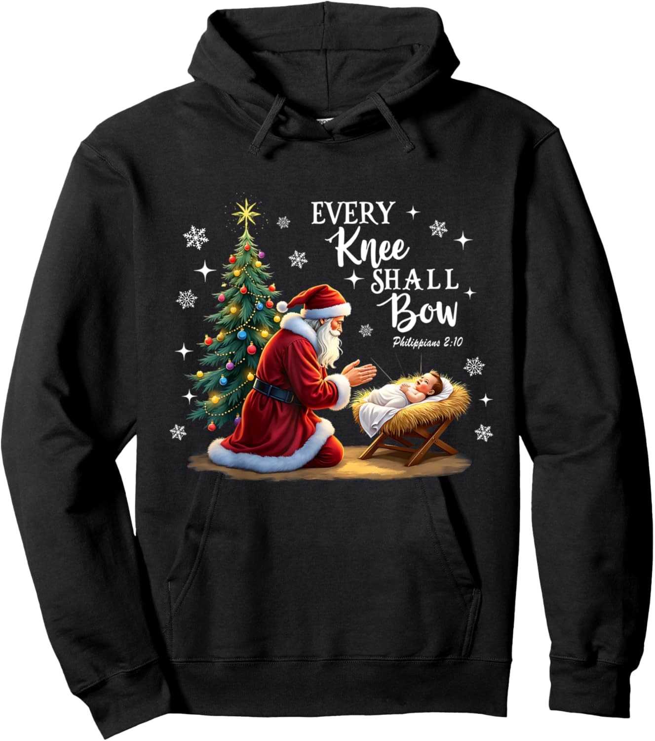Every Knee Shall Bow, Manger Scene, Kneeling Santa Christmas Hoodie - Hoodie | Black