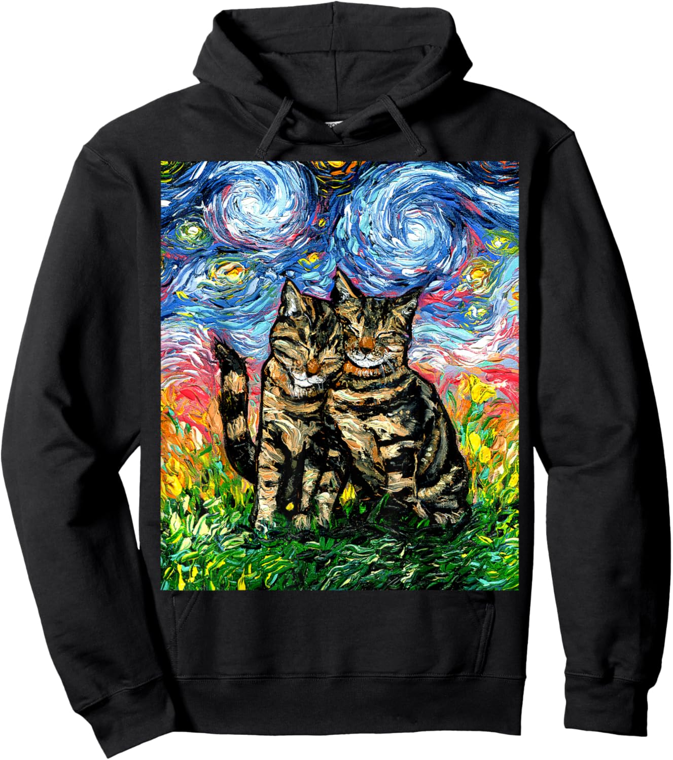 Tabby Cats Snuggling Cute Starry Night Kitten Artwork Hoodie - Hoodie | Black