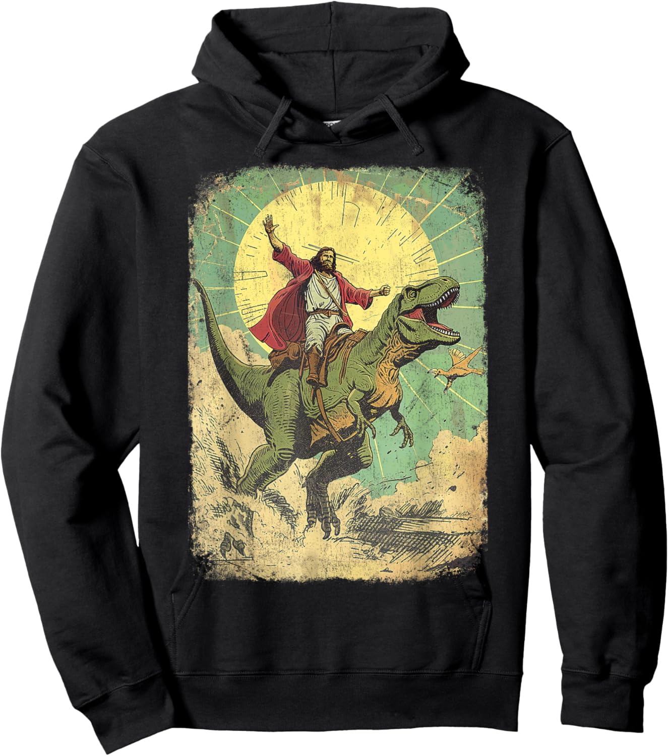 Jesus riding dinosaur Funny Christian retro dino raptor Hoodie - Hoodie | Black