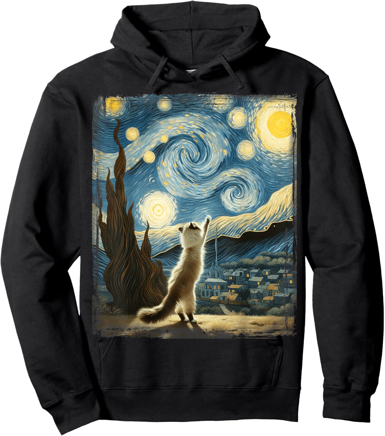 Van Gogh Starry Night Reaching Moon Artistic Pet Ragdoll Cat Hoodie - Hoodie | Black