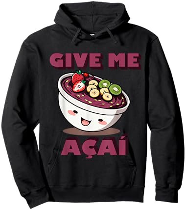 "Give Me AÇAÍ" Cute Brazilian Cartoon Acai Bowl Design Hoodie - Hoodie | Black