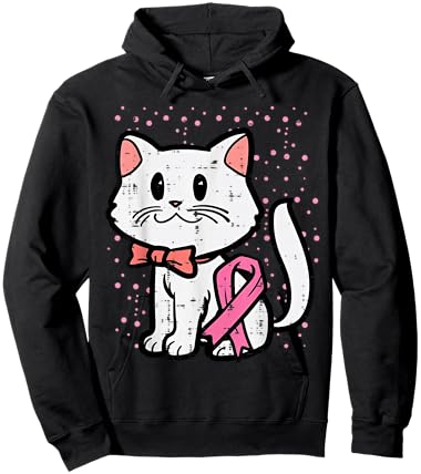 Pink Ribbon Cat Breast Cancer Awareness Women Girls Kids Hoodie - Hoodie | Black
