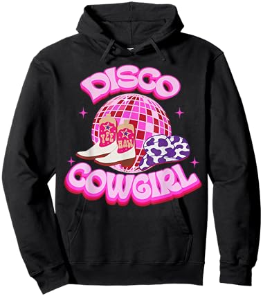 Western Cowgirl Yeehaw Pink Disco Ball Cowboy Boots & Hat Hoodie - Hoodie | Black