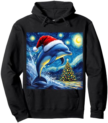 Christmas Dolphin Santa Hat Van Gogh Starry Night Holiday Hoodie - Hoodie | Black