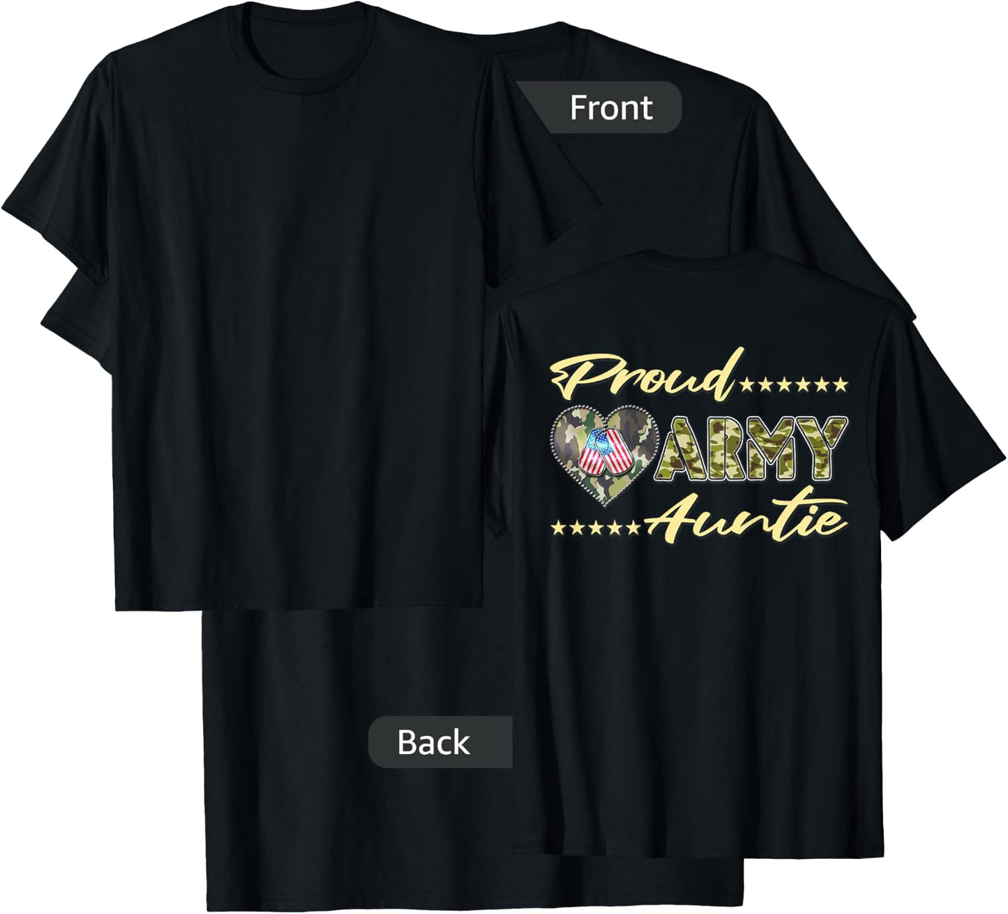 Proud Army Auntie US Flag Dog Tags Heart Military Aunt Gifts T-Shirt - T-Shirt | Black
