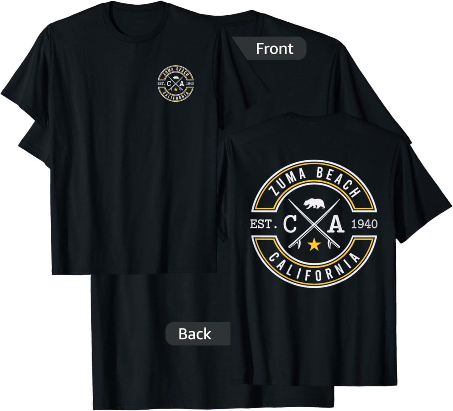 Zuma Beach Beach California CA Retro Surfer Front & Back T-Shirt - T-Shirt | Black