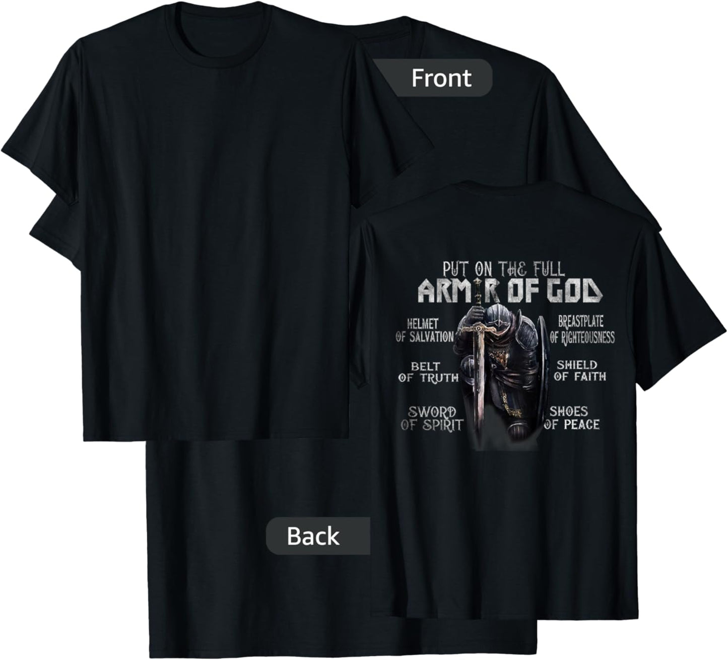 Put On The Full Armor Of God, Bible Verse Religious (Back) T-Shirt - T-Shirt | Black