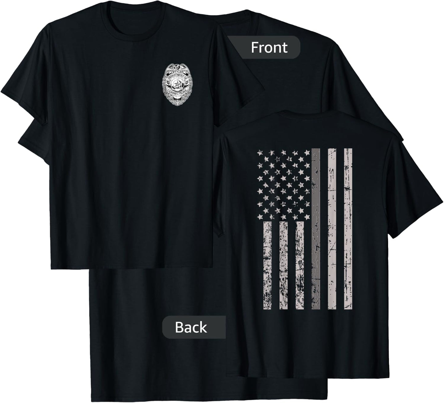Corrections Officer Gifts Flag Thin Gray Silver Line 2-Sided T-Shirt - T-Shirt | Black