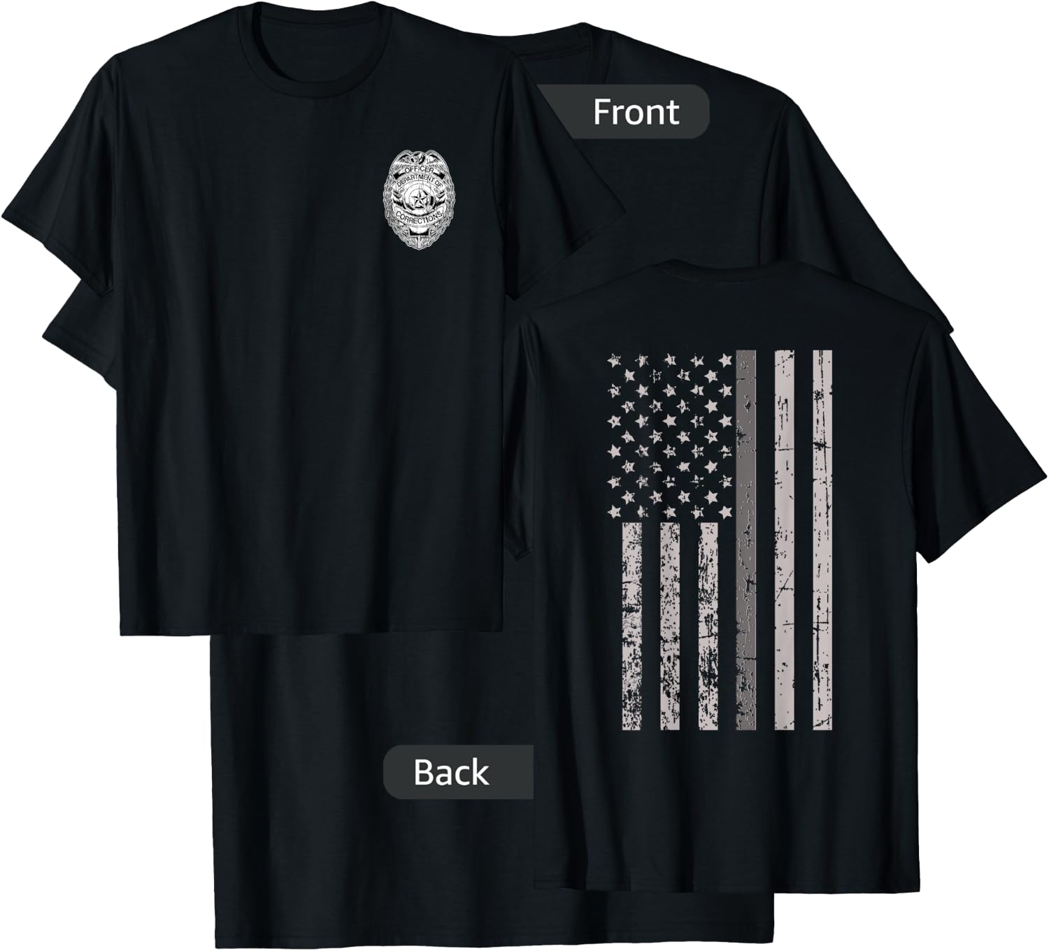 Corrections Officer Gifts Flag Thin Gray Silver Line 2-Sided T-Shirt - T-Shirt | Black