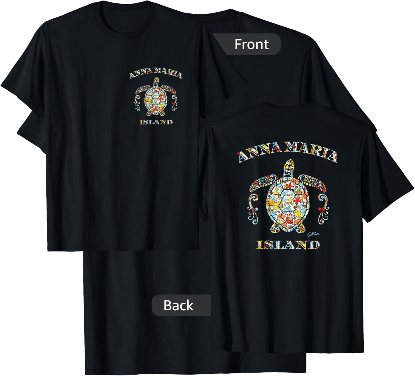 JCombs: Anna Maria Island, Sea Turtle w/ Seashells (2-Sided) T-Shirt - T-Shirt | Black