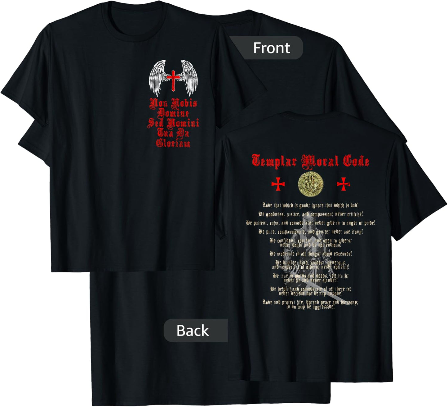 Knights Templar Moral Code Holy Cross Wings Red Crusader T-Shirt - T-Shirt | Black