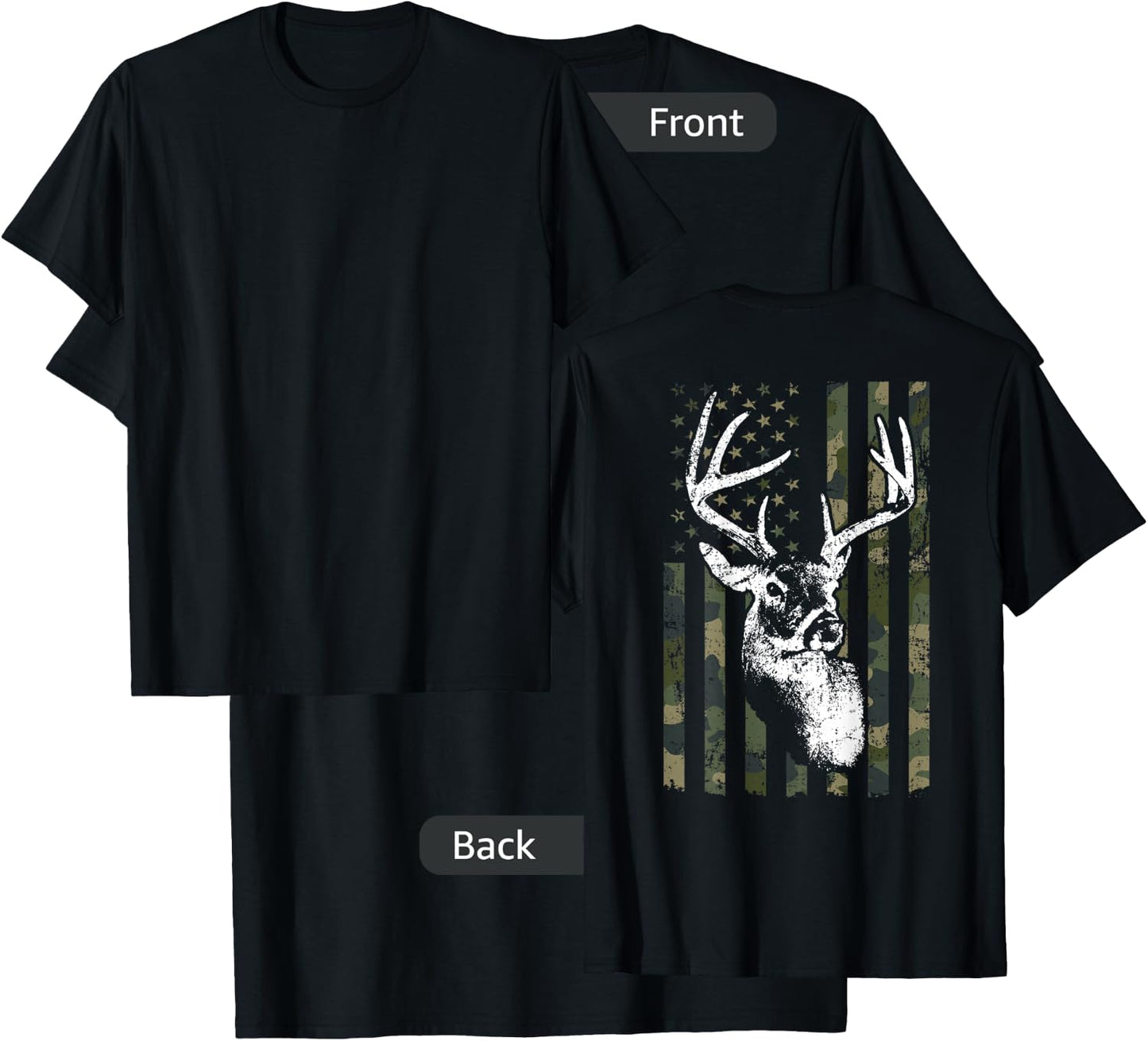 Whitetail Buck Deer Hunting USA Camouflage Flag - ON BACK T-Shirt - T-Shirt | Black