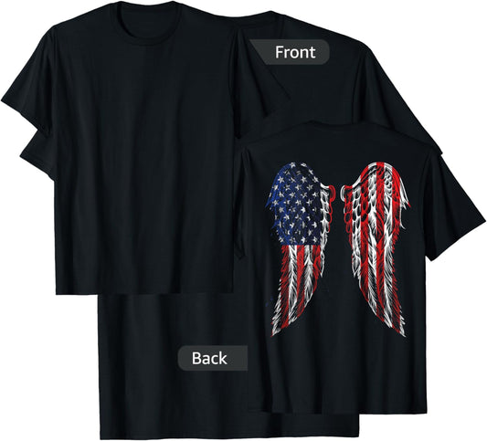 Angel Wings American Flag Patriotic USA on The Back T-Shirt - T-Shirt | Black