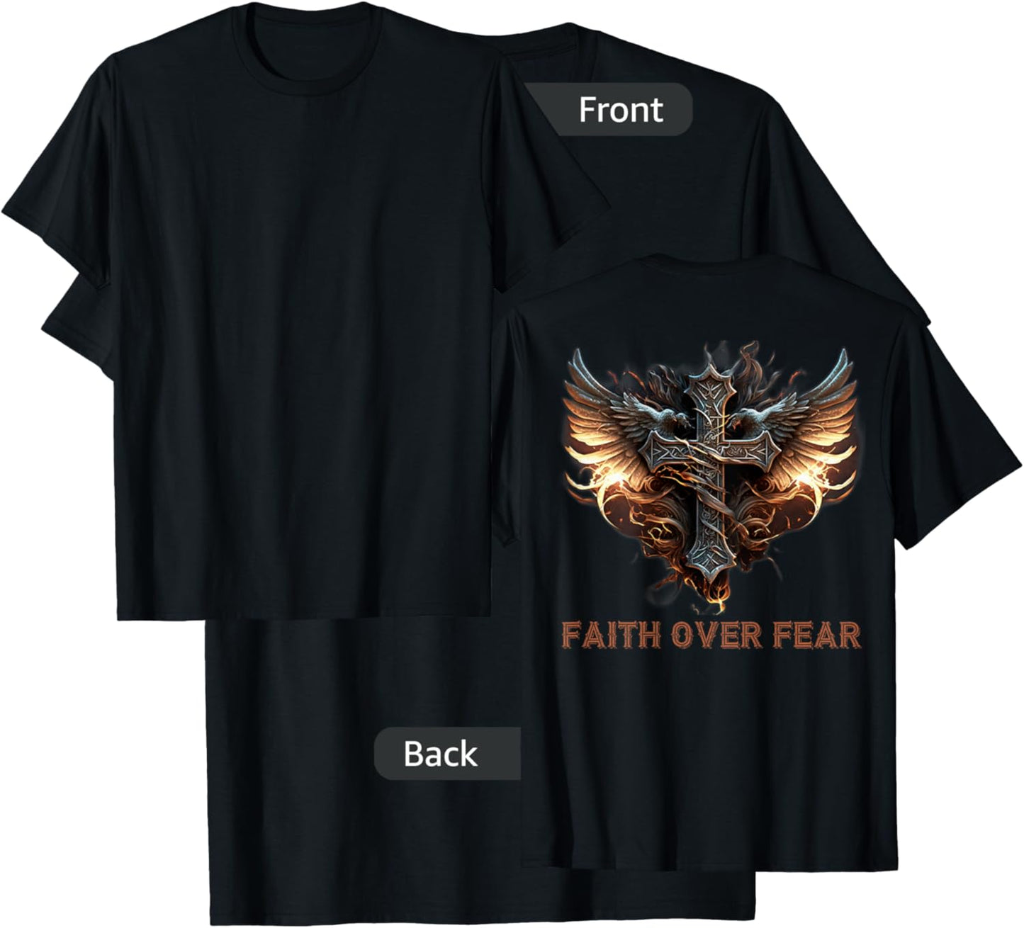 Angel Wings Christian Cross Faith Over Fear - On Back T-Shirt - T-Shirt | Black
