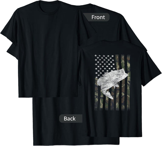 Bass Fishing American Camo USA Flag for Fisherman (on Back) Small T-Shirt - T-Shirt | Black