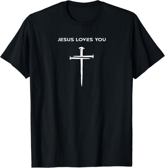 Jesus Loves You Christian Minimalist Three Nails Cross T-Shirt - T-Shirt | Black