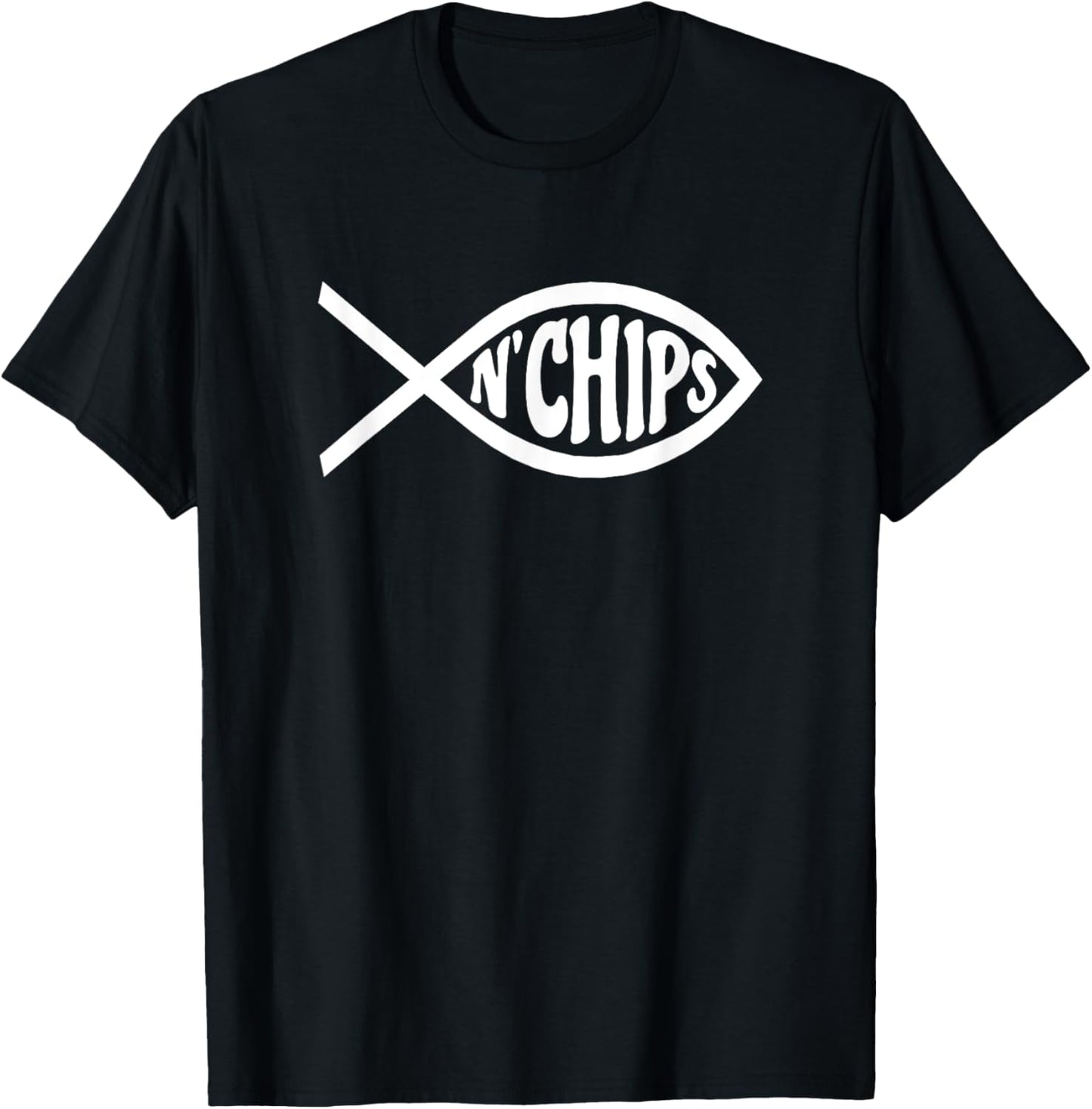BTV Men's Fish N'Chips Jesus Fish - Black, Small T-Shirt - T-Shirt | Black