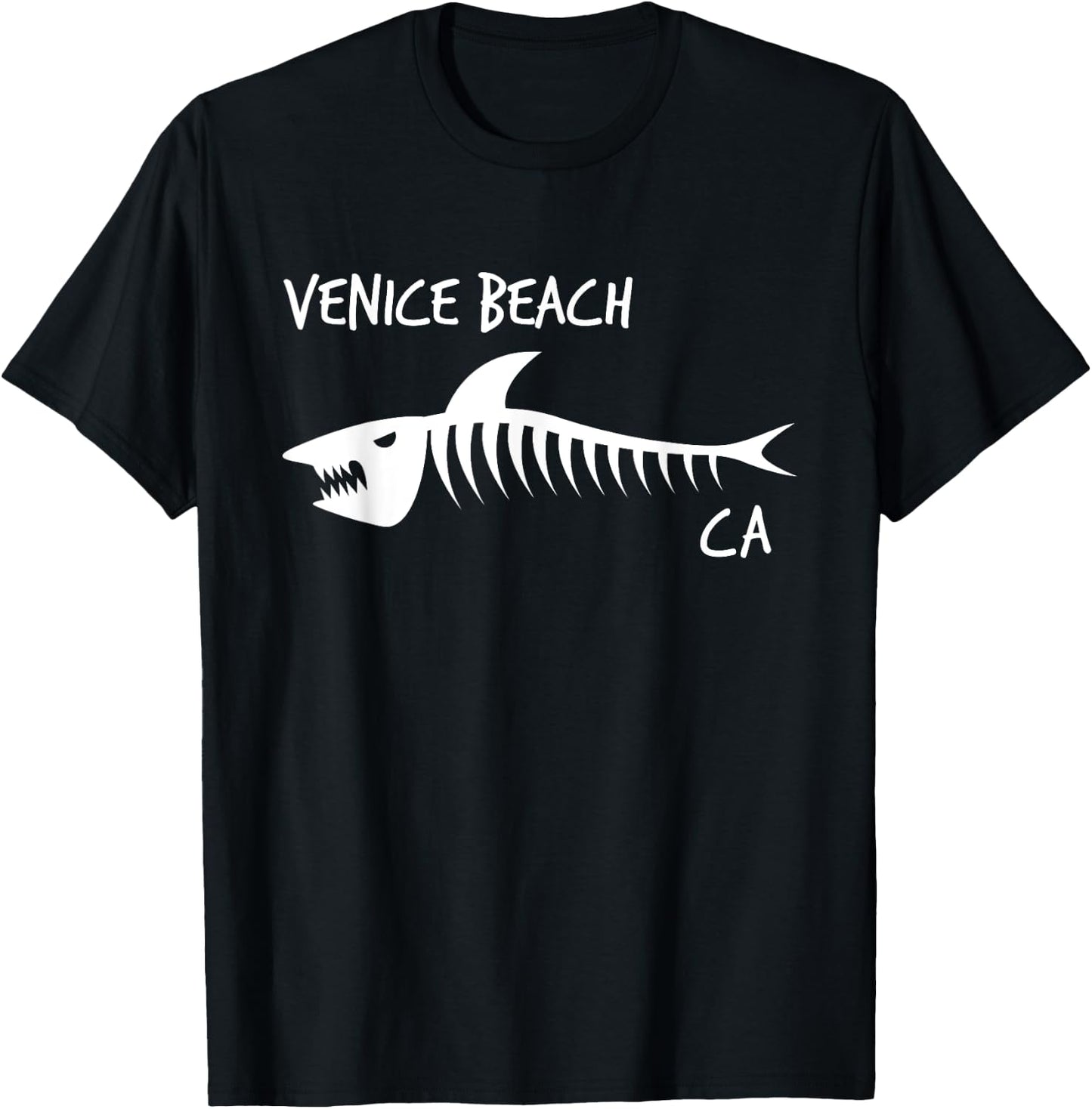 Venice Beach CA Shark Skeleton White Print Men Women Kids T-Shirt - T-Shirt | Black