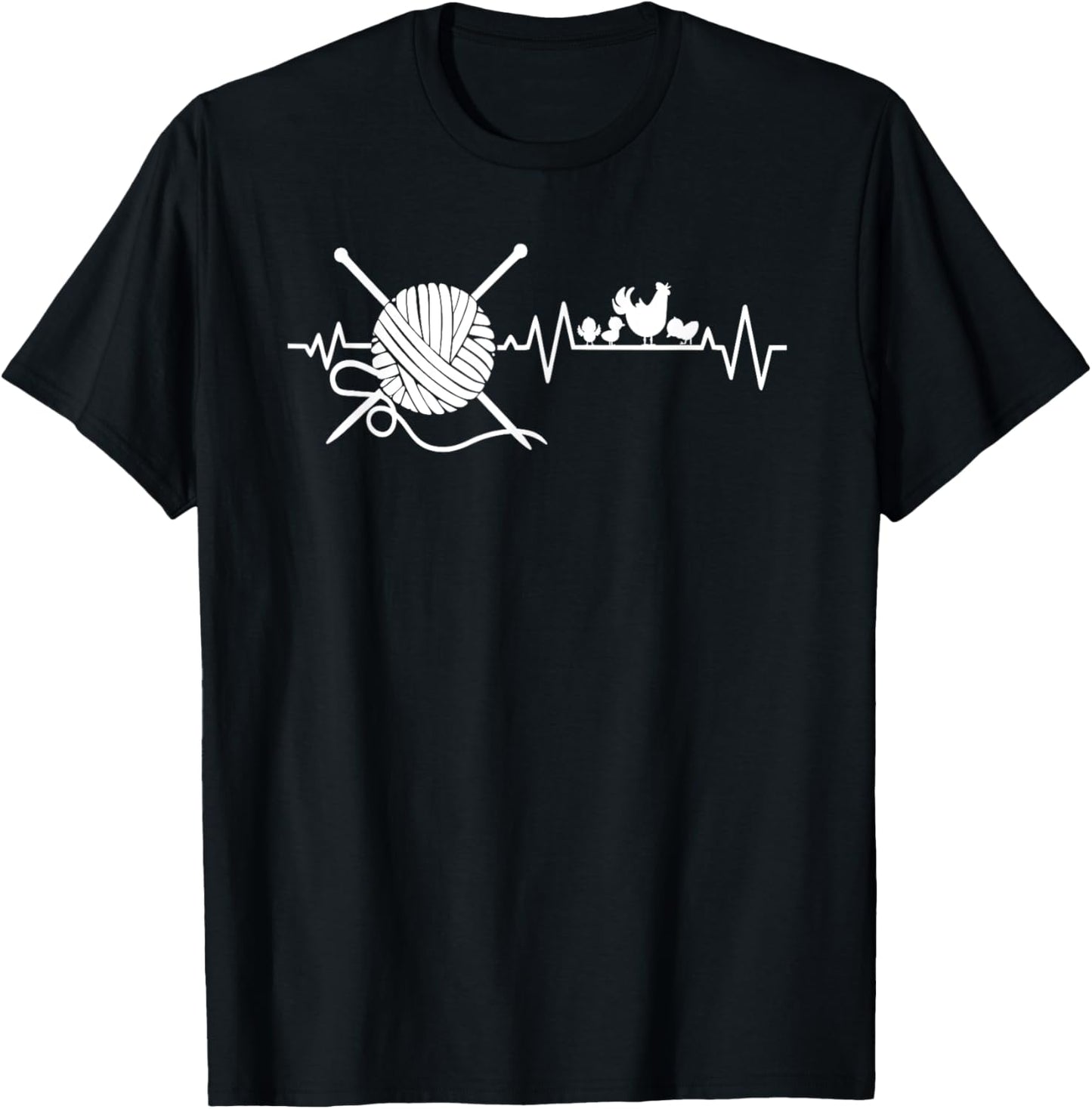 Knitting Yarn Crochet Backyard Chicken Lover Heartbeat T-Shirt - T-Shirt | Black