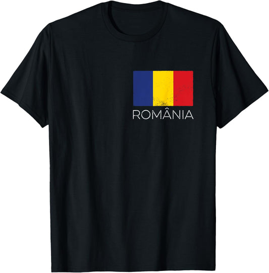 Romania România Romanian Flag Vintage Romania Mini Flag T-Shirt - T-Shirt | Black
