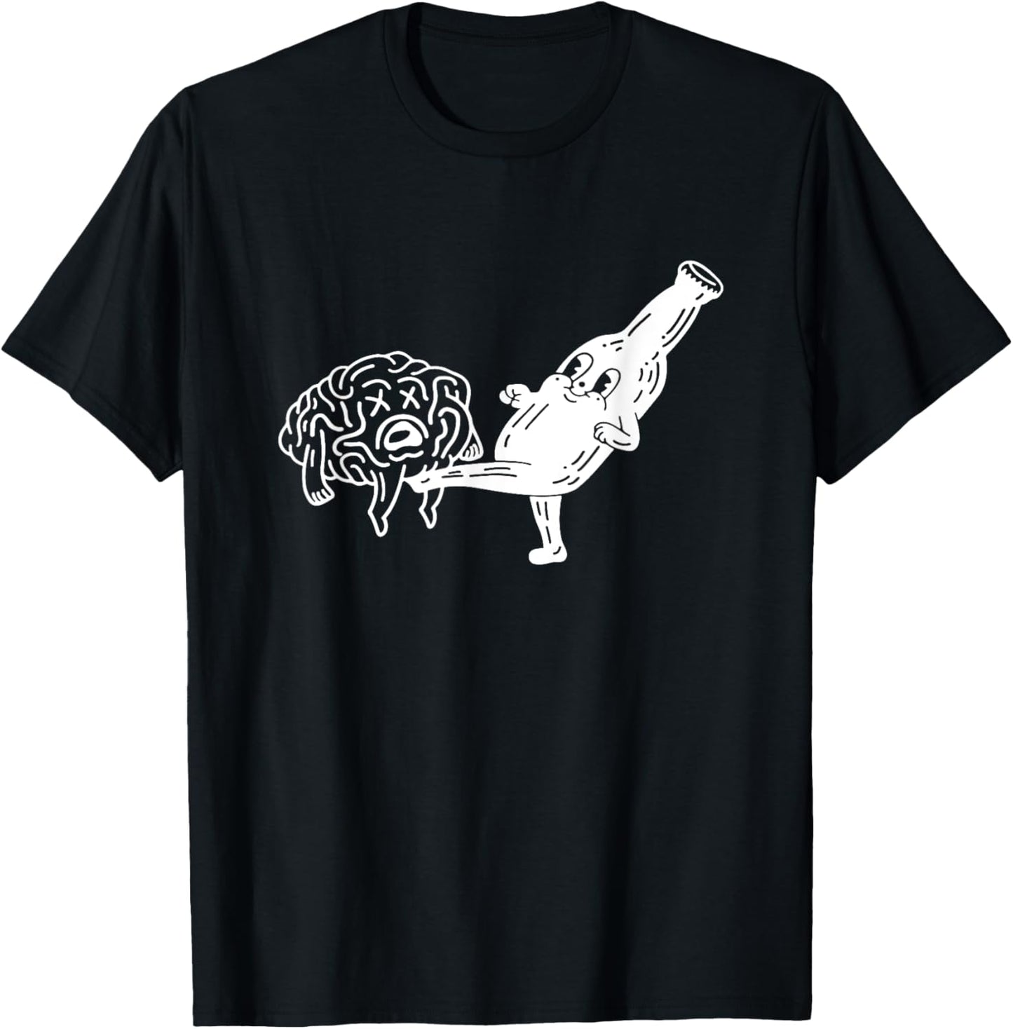Smiling Beer Bottle Kicking Brain T-Shirt - T-Shirt | Black
