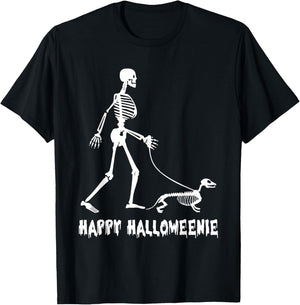 Happy Halloweenie Skeleton Walking Dachshund Dog Halloween Women Kids T-Shirt - T-Shirt | Black