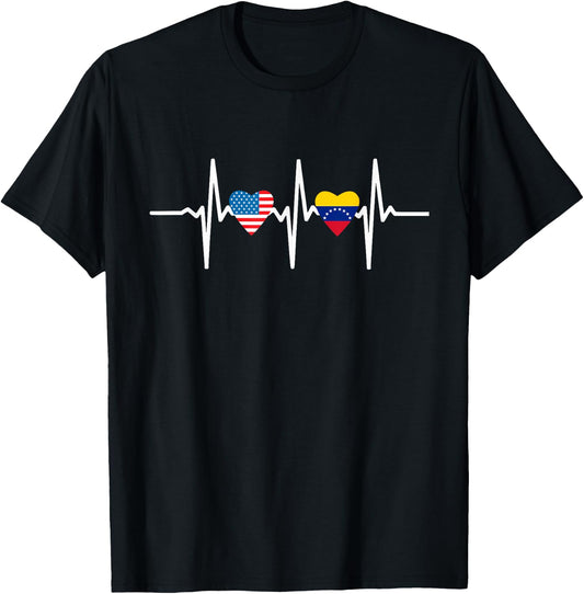 Half American And Venezuelan Usa Venezuela Flag Heartbeat T-Shirt - T-Shirt | Black
