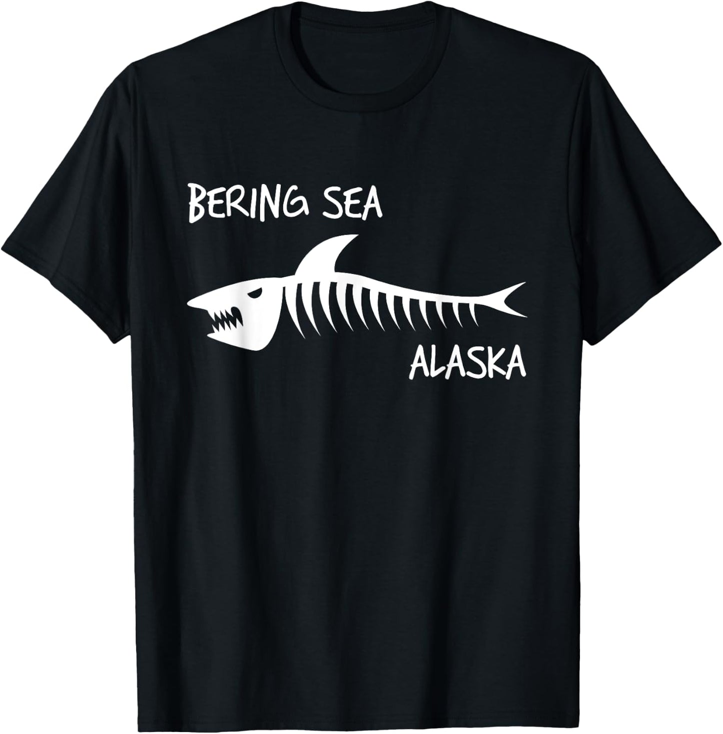 Bering Sea Alaska Shark Skeleton White Print T-Shirt - T-Shirt | Black