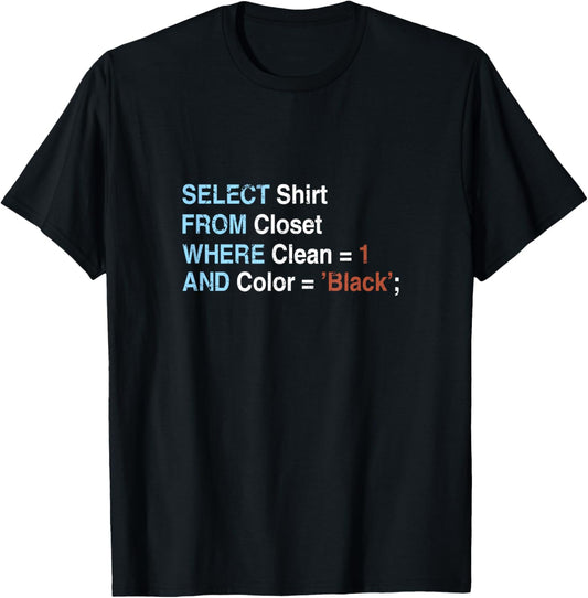 Select Shirt From Closet Where Clean = 1 And Color = 'Black' T-Shirt - T-Shirt | Black
