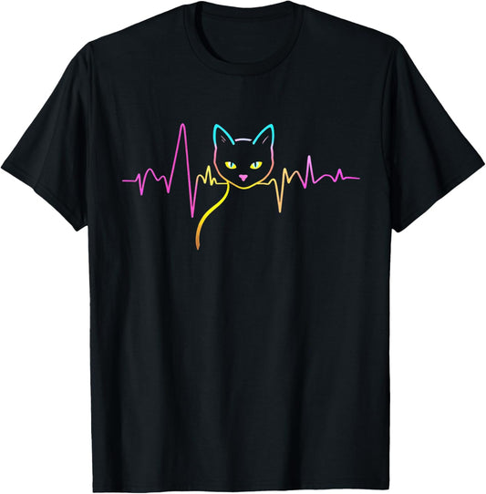 Heartbeat Cat Lover Cute Cat Owner Animal Silhouette Art ECG T-Shirt - T-Shirt | Black