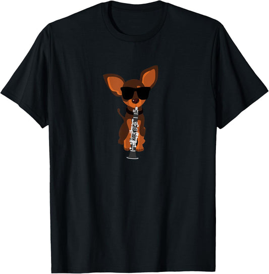 Funny Dog Wearing Sunglasses Playing Clarinet Women Girls Kids T-Shirt - T-Shirt | Black