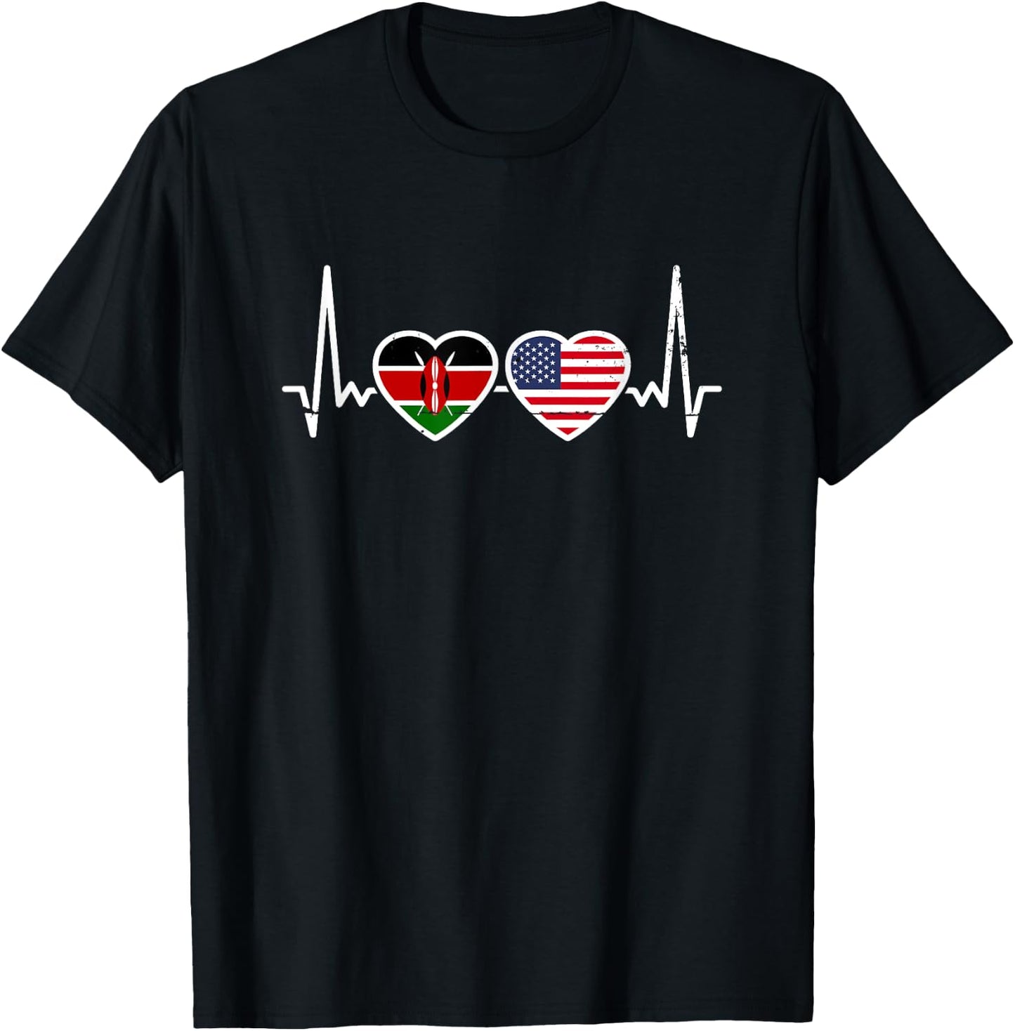 Kenya USA Vintage Heartbeat Flag American Kenyan T-Shirt - T-Shirt | Black