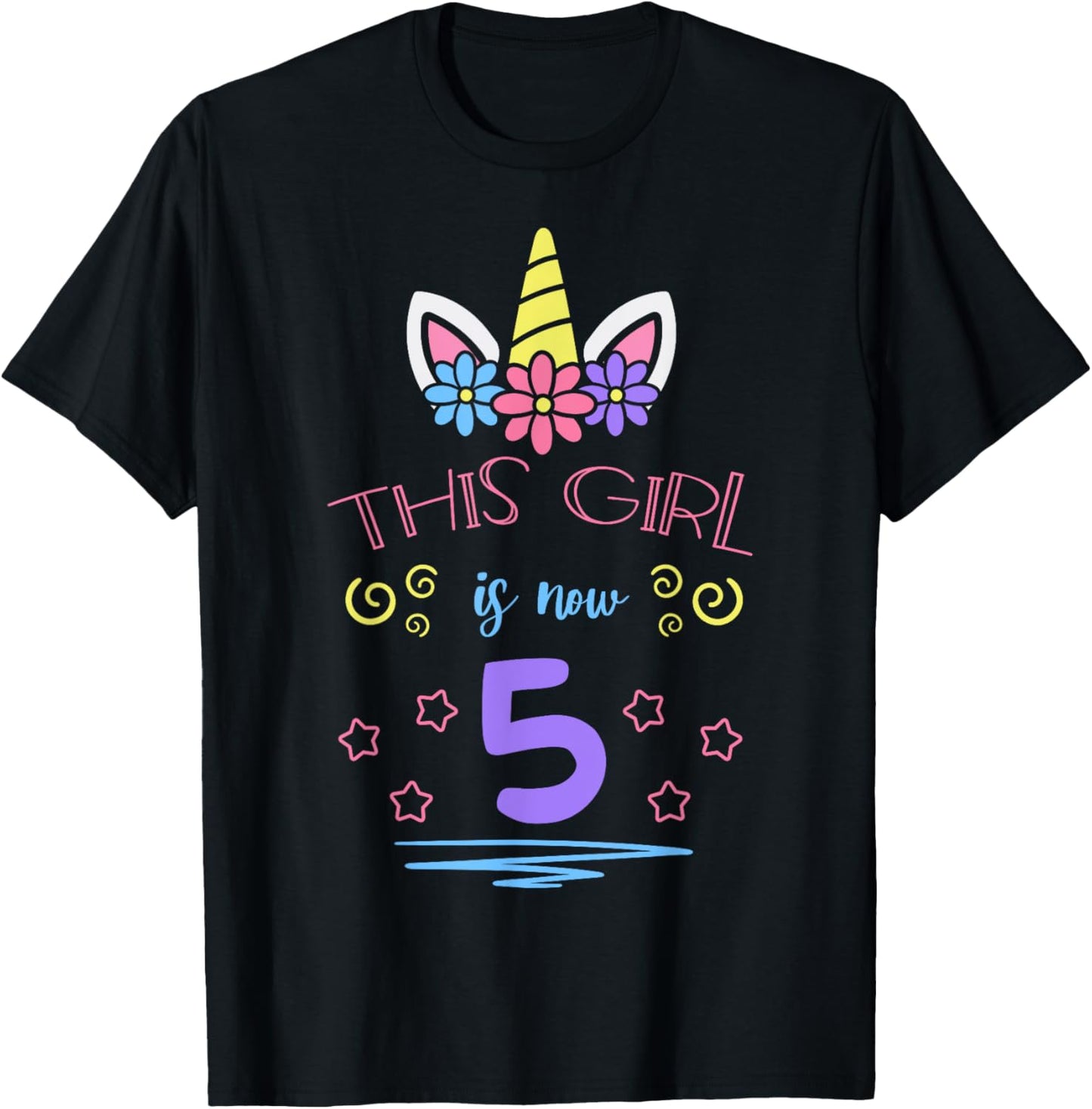This Girl Is Now 5 Birthday Unicorn Floral Horn Theme Party T-Shirt - T-Shirt | Black
