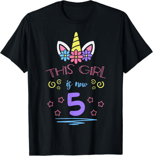 This Girl Is Now 5 Birthday Unicorn Floral Horn Theme Party T-Shirt - T-Shirt | Black
