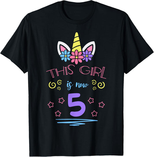 This Girl Is Now 5 Birthday Unicorn Floral Horn Theme Party T-Shirt - T-Shirt | Black