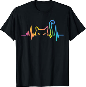 Heartbeat Cat Lover Cute Cat Owner Animal Silhouette Art ECG T-Shirt - T-Shirt | Black