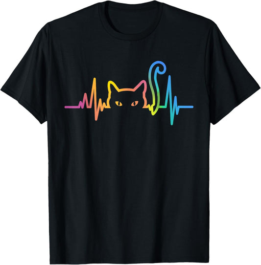 Heartbeat Cat Lover Cute Cat Owner Animal Silhouette Art ECG T-Shirt - T-Shirt | Black