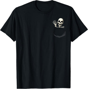 Skeleton Pocket Skeleton Peeking Out Pocket Halloween T-Shirt - T-Shirt | Black