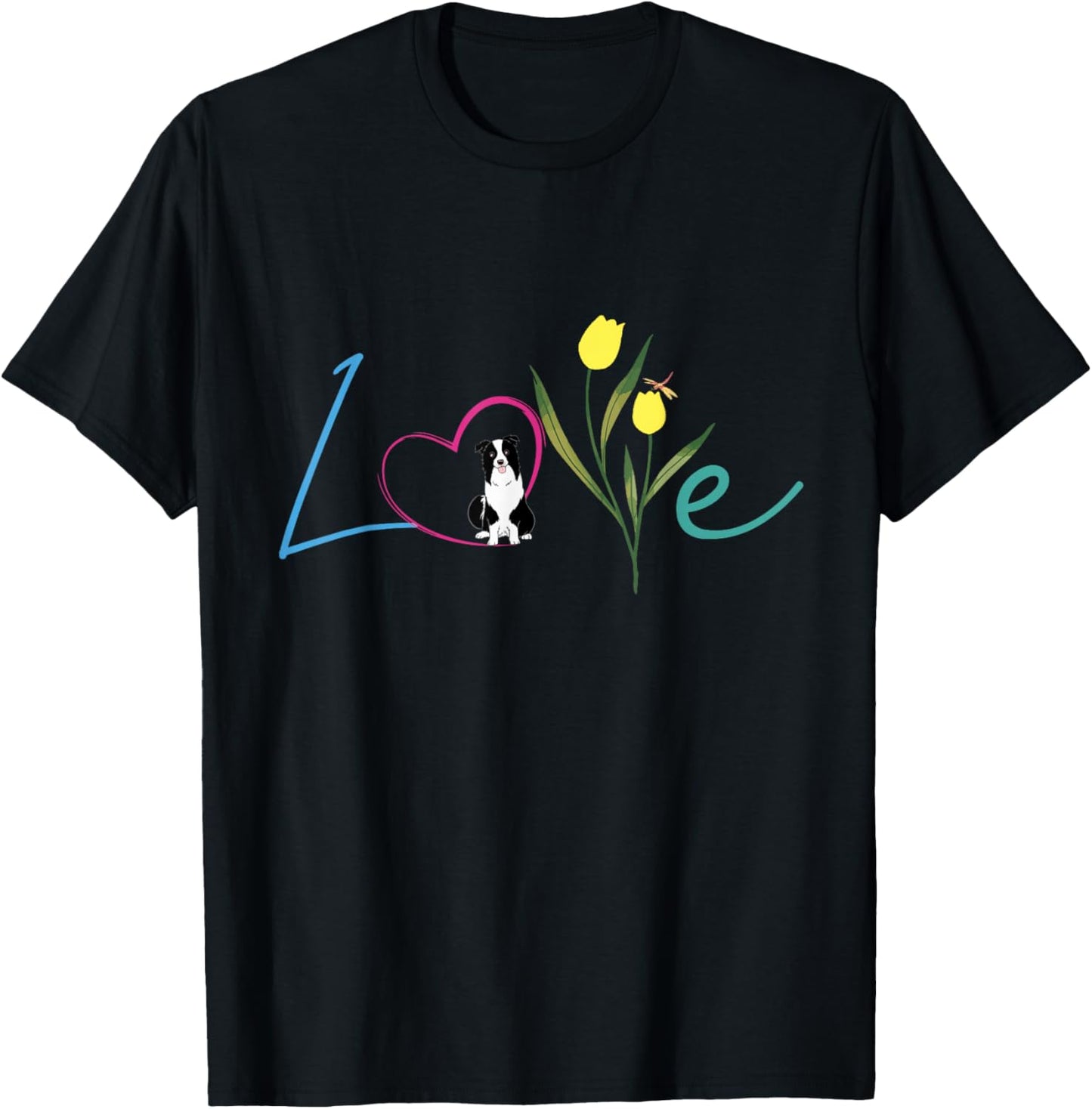 Cute Flower Border Collie Dog T-Shirt - T-Shirt | Black