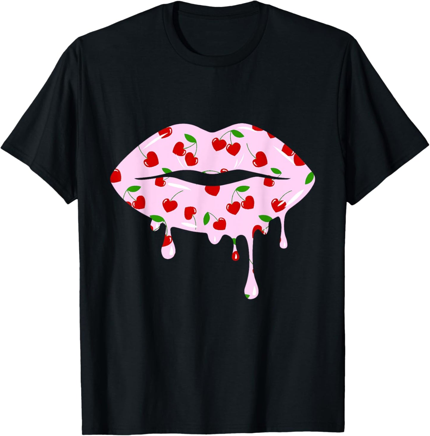 Cute Cherry Hearts Pink Dripping Lips Valentines Day T-Shirt - T-Shirt | Black
